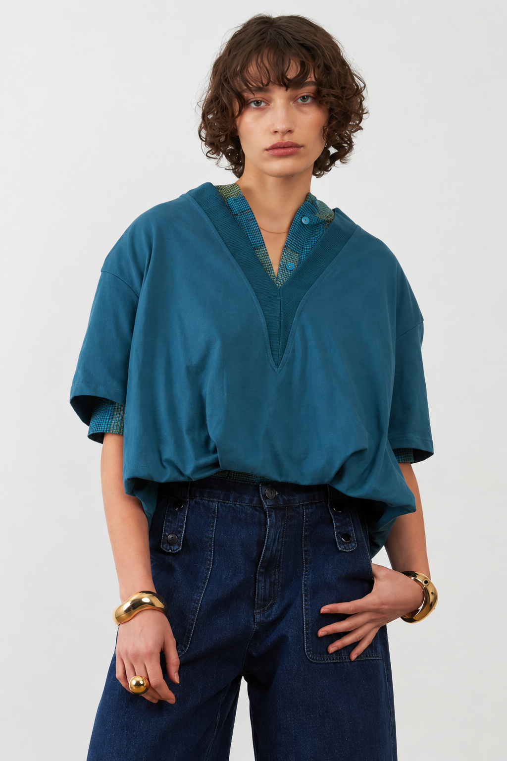 T-shirt en coton col V Thamila - Pétrole