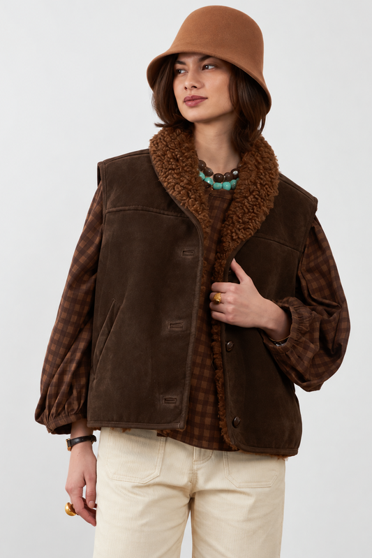 Veste sans manches col fourrure Madeline - Choco