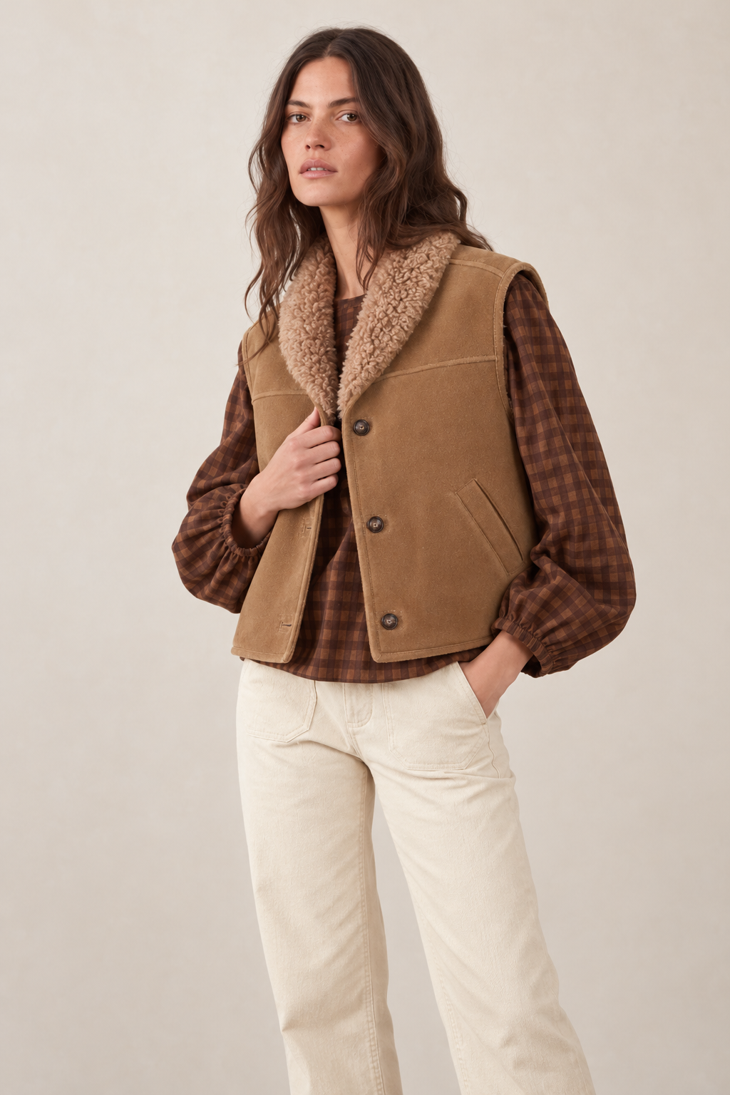 Veste sans manches col fausse fourrure Madeline - Camel