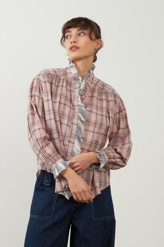 Blouse chemisier à volants en coton Montana - Carreaux Roses