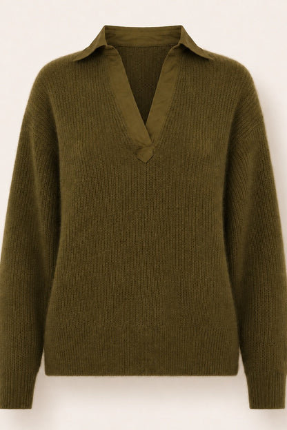 Pull en angora col chemise en V Jordana - Kaki