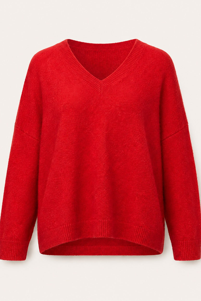 Pull col V Lam - Rouge Rubis