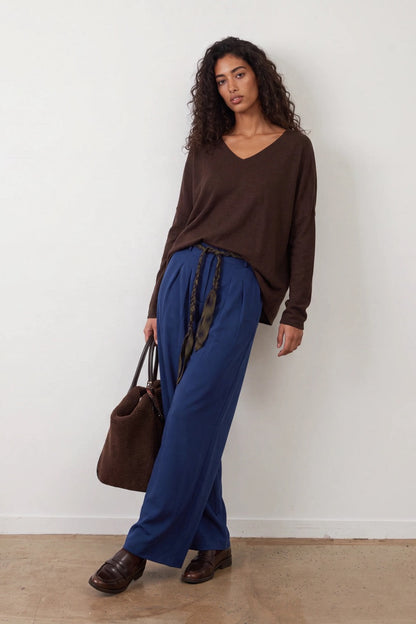 Pull mérinos col V Leila - Chocolat