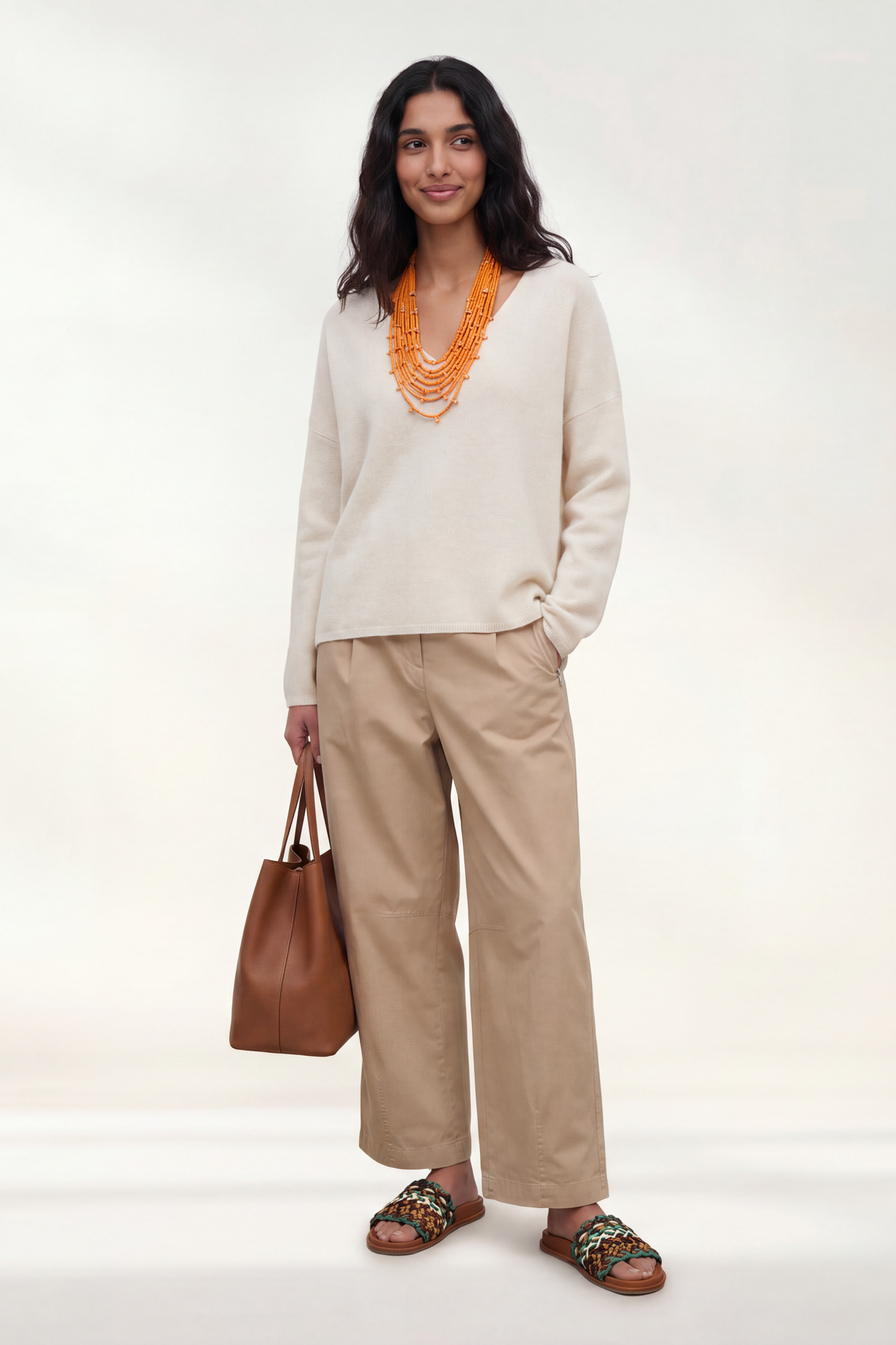 Pull mérinos col V Leila Essentiel - Écru