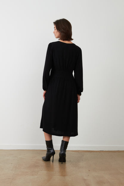 Robe brodée midi col V Gina - Noir