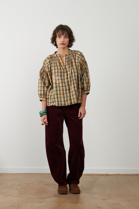 Blouse broderie fleur Daniele - Carreaux choco