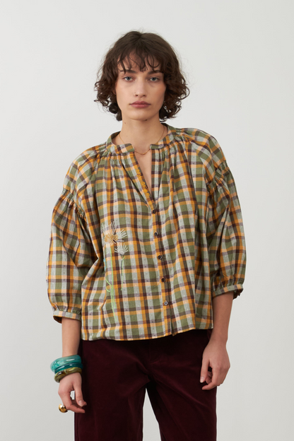 Blouse broderie fleur Daniele - Carreaux choco