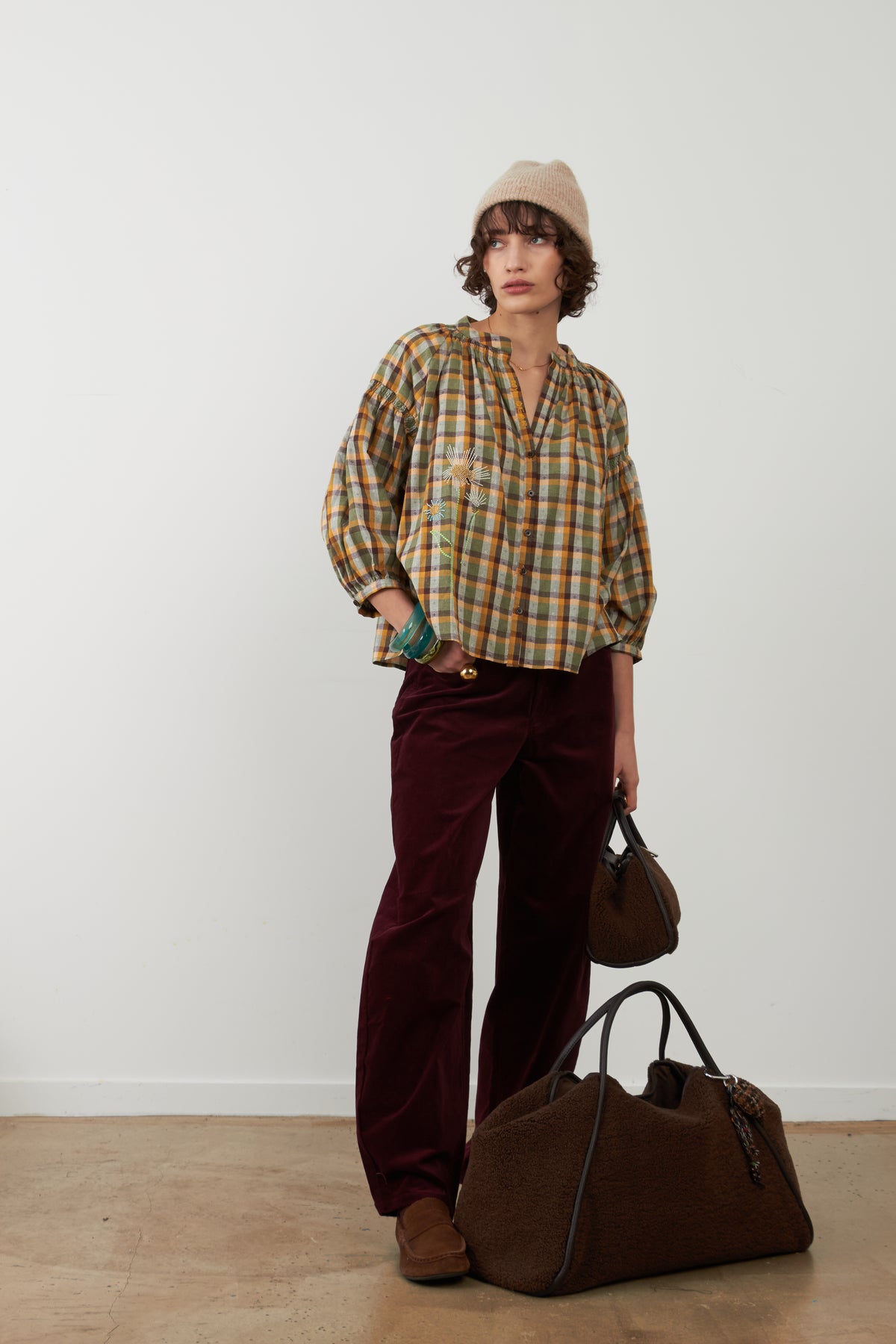 Blouse broderie fleur Daniele - Carreaux choco
