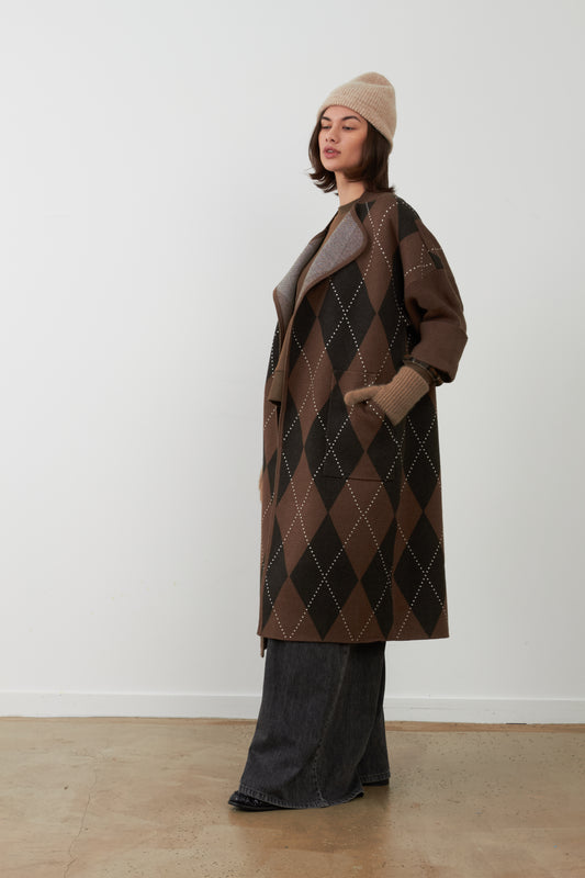 Manteau gilet long Koh - Losange chocolat
