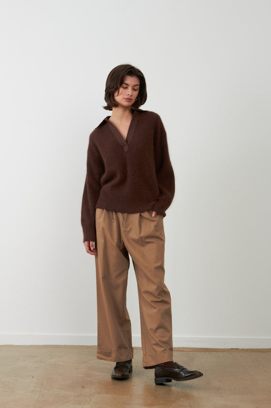 Pull en angora col chemise en V Jordana - Chocolat