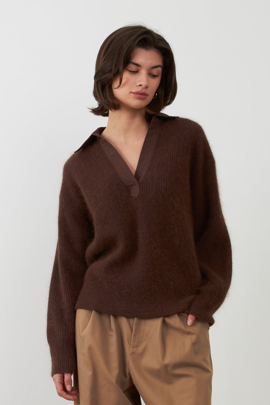 Pull en angora col chemise en V Jordana - Chocolat