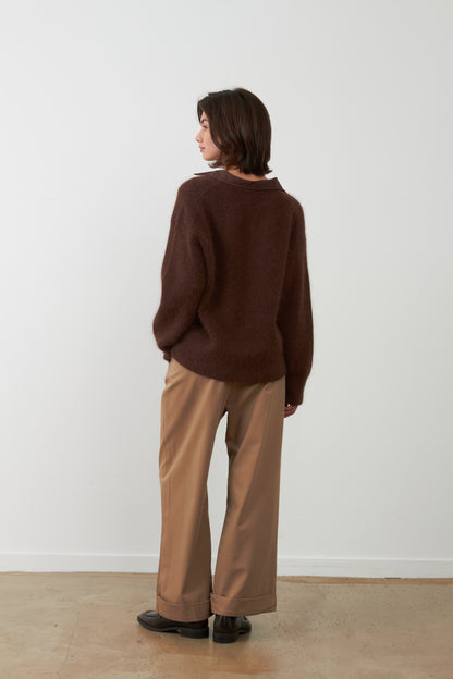Pull en angora col chemise en V Jordana - Chocolat