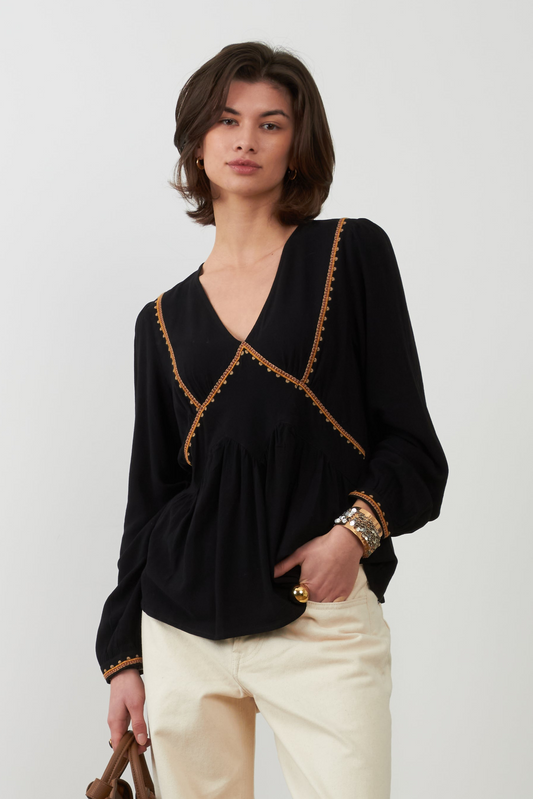 Blouse brodée péplum Almina - Noir