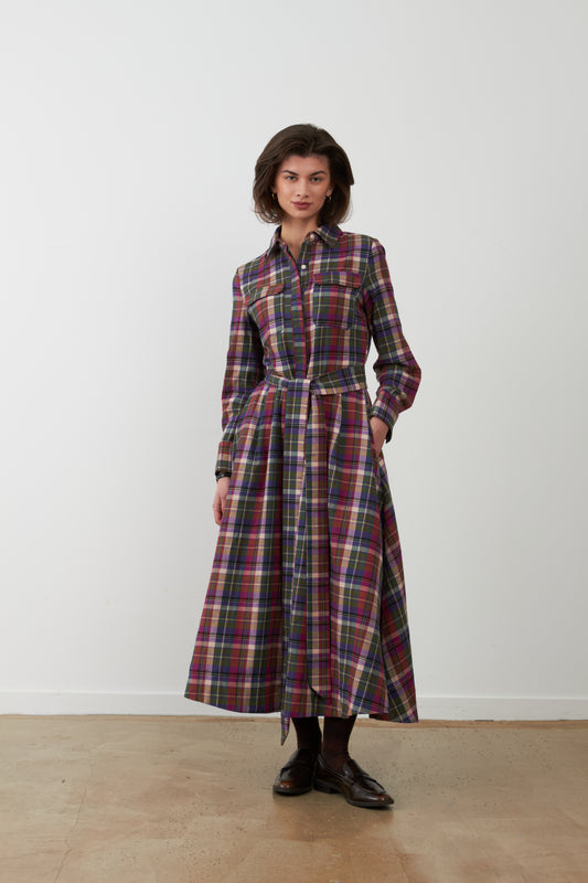 Robe longue chemise Stefan - Carreaux violets
