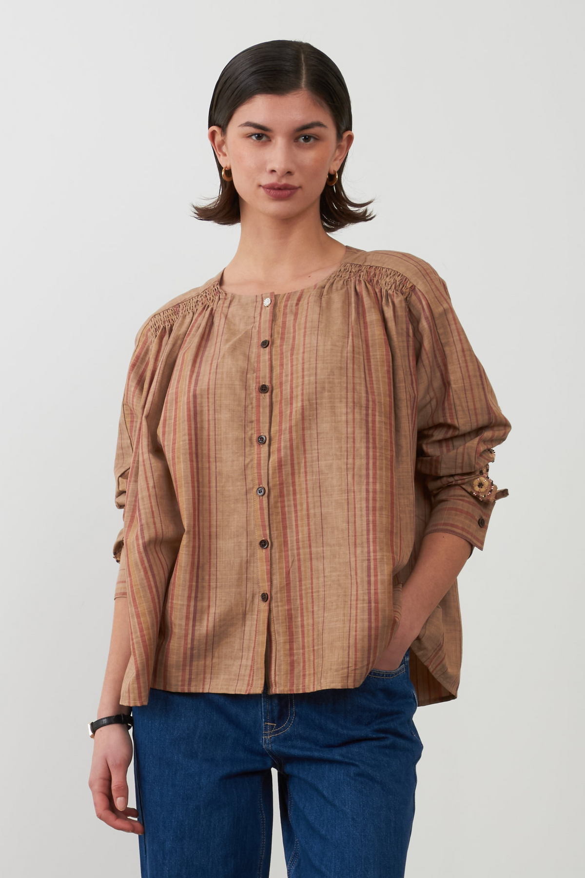 Blouse broderies fleurs Kristin - Rayures beige