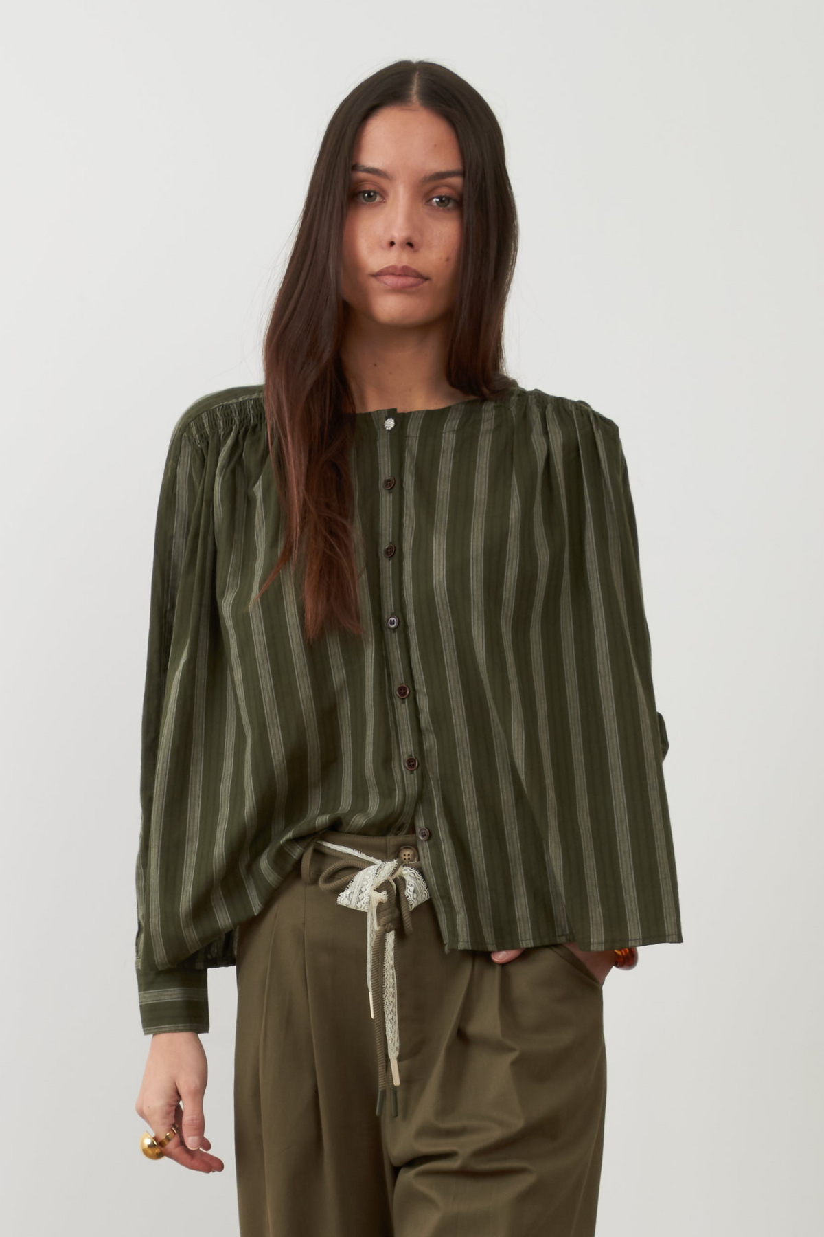 Blouse broderies fleurs Kristin - Rayures Kaki