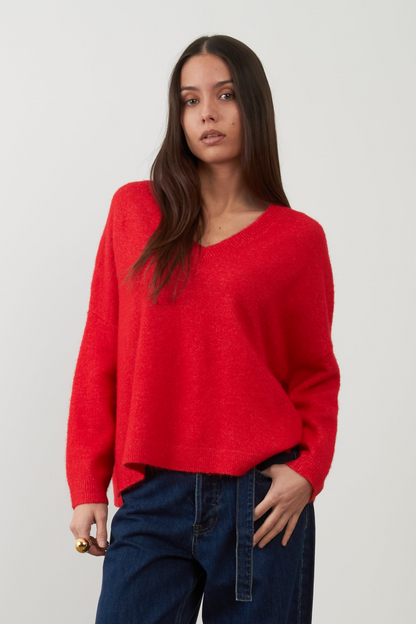 Pull col V Lam - Rouge Rubis