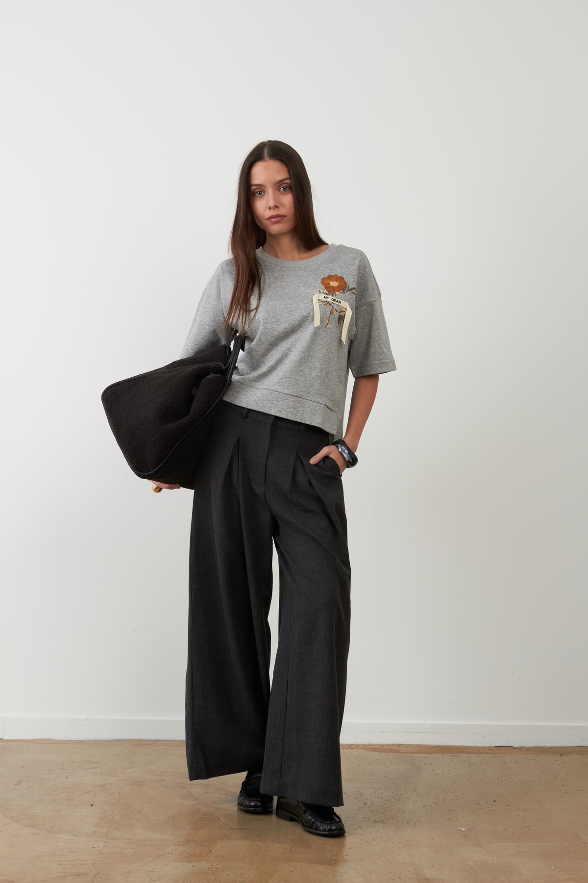 T-shirt broderie florale Sohanne - Gris chiné