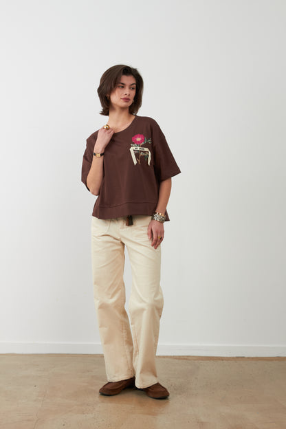 T-shirt broderie florale Sohanne - Chocolat