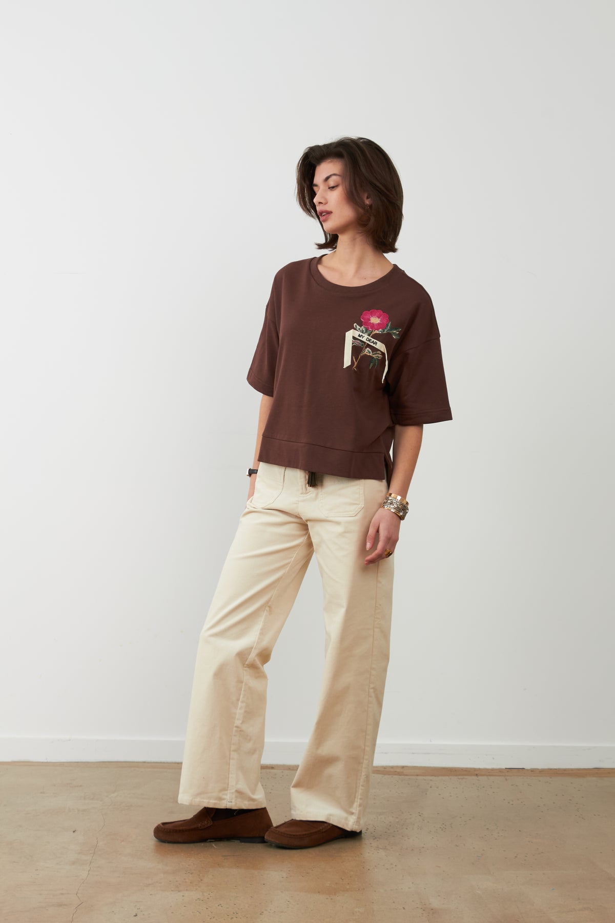 T-shirt broderie florale Sohanne - Chocolat