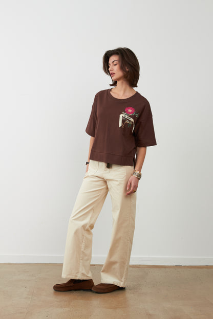 T-shirt broderie florale Sohanne - Chocolat